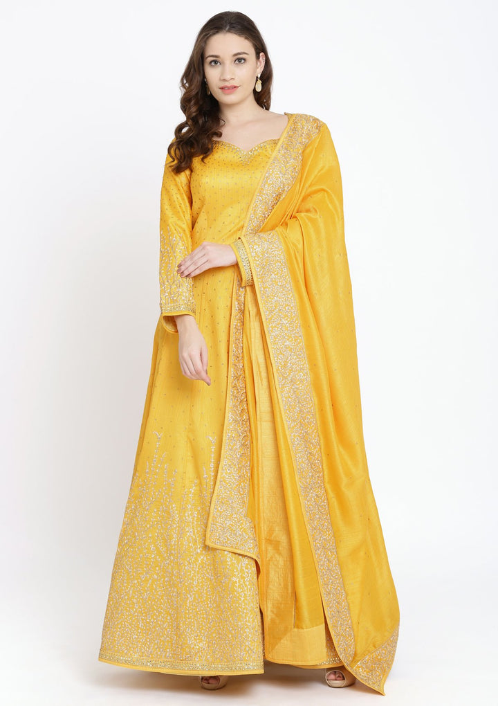 Yellow Swarovski Raw Silk Designer Gown-Koskii