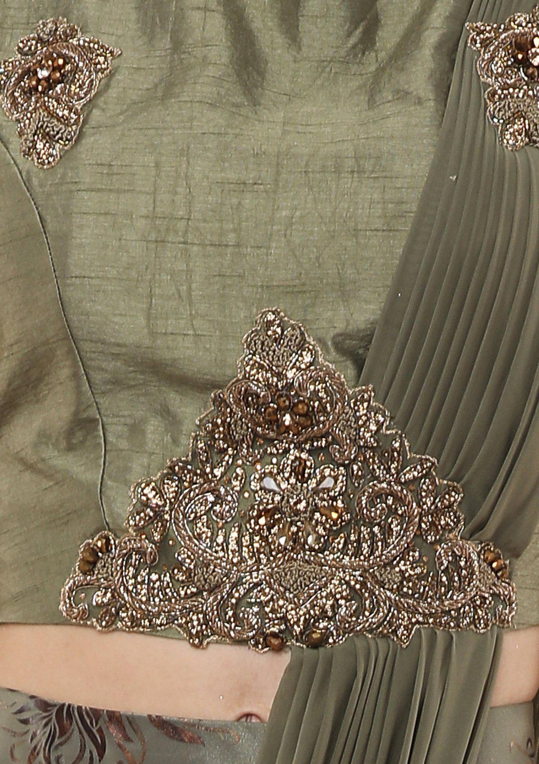 Sage Green Zardozi Work Tissue Designer Lehenga-Koskii