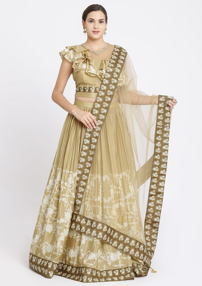 Beige Printed Satin Designer Lehenga-Koskii