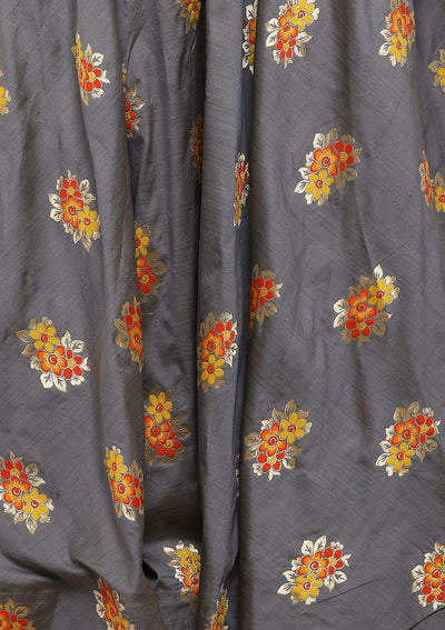 Grey Floral Raw Silk Printed Designer Gown-Koskii