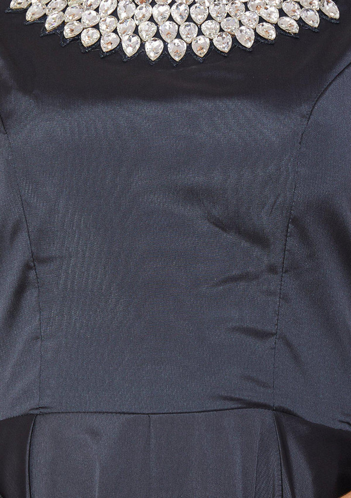 Grey Stonework Taffeta Silk Designer Gown-Koskii