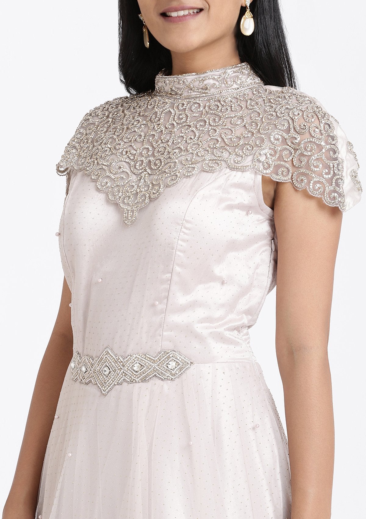 Light Grey Stonework Net Designer Gown-Koskii