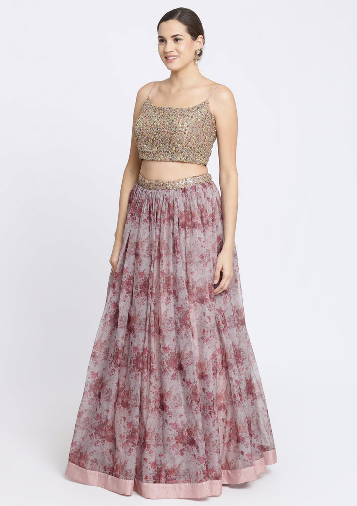 Lavender and Brown Sequins Tissue Designer Lehenga-Koskii
