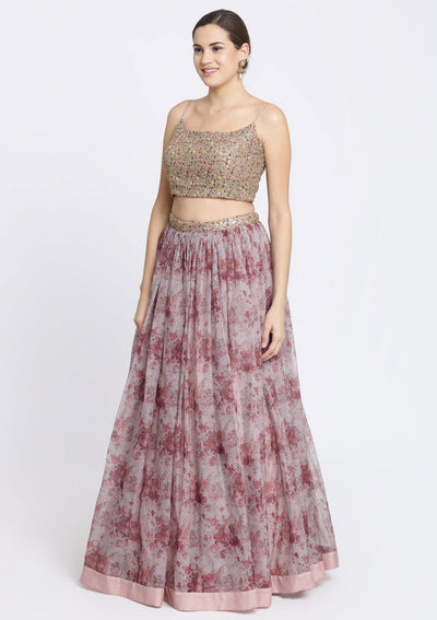 Lavender and Brown Sequins Tissue Designer Lehenga-Koskii