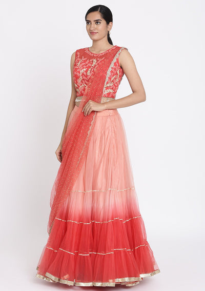 Red And Pink Threadwork Net Designer Lehenga - koskii