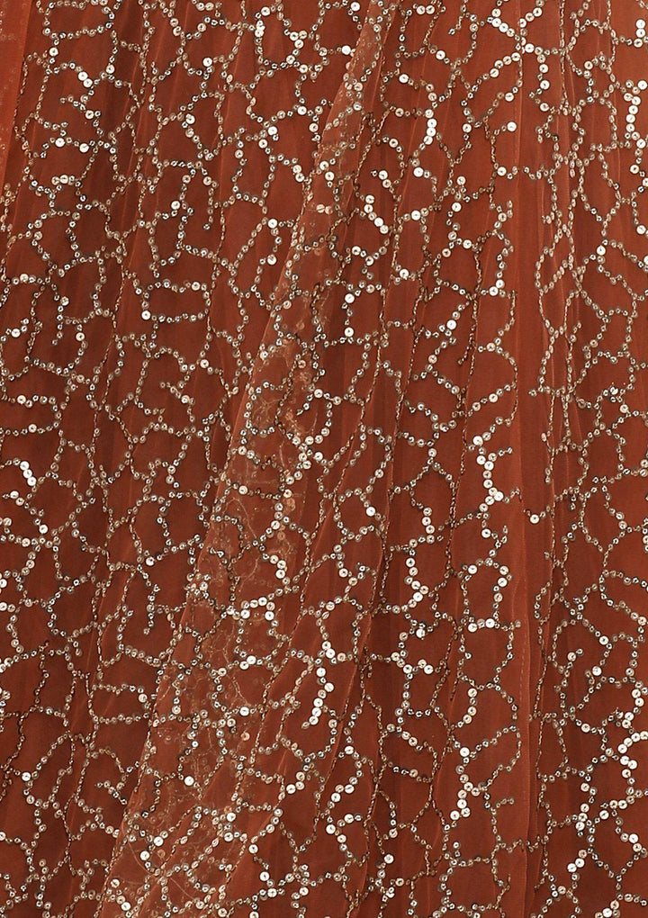 Rusty Orange Sequinned Silk Designer Lehenga-Koskii