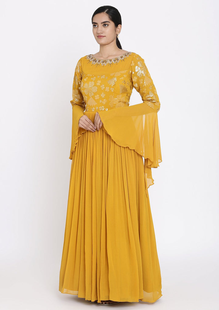 Mustard Sequins Georgette Designer Gown - koskii