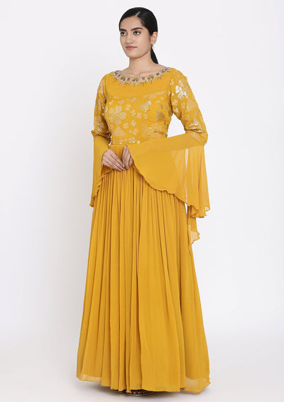 Mustard Sequins Georgette Designer Gown - koskii