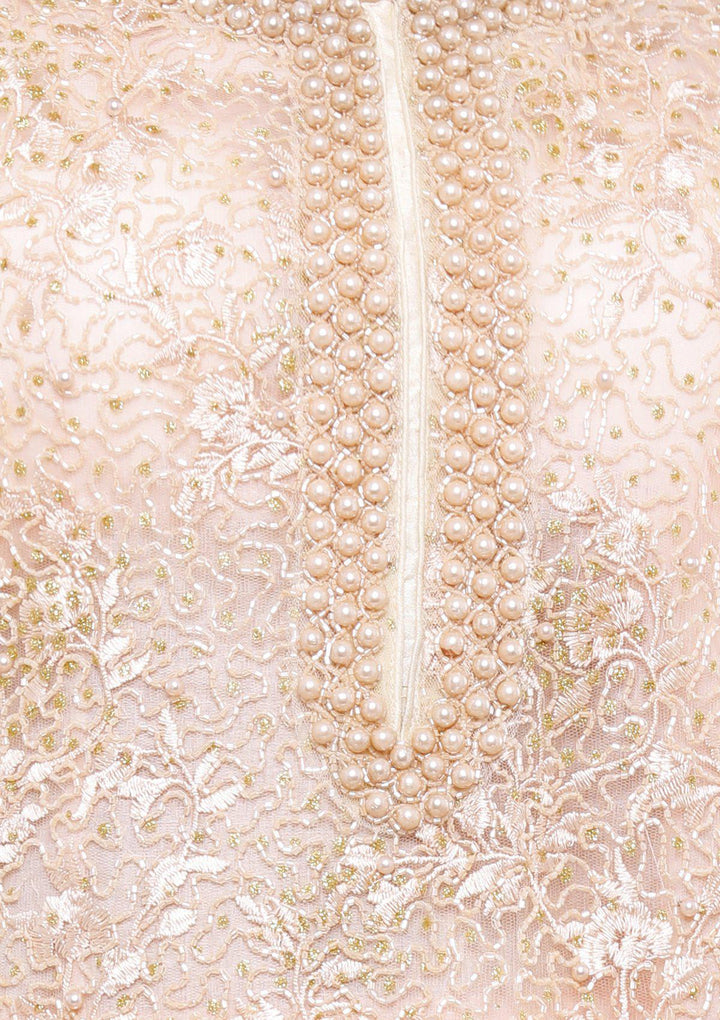Peach Pearlwork Net Designer Salwar Suit-Koskii