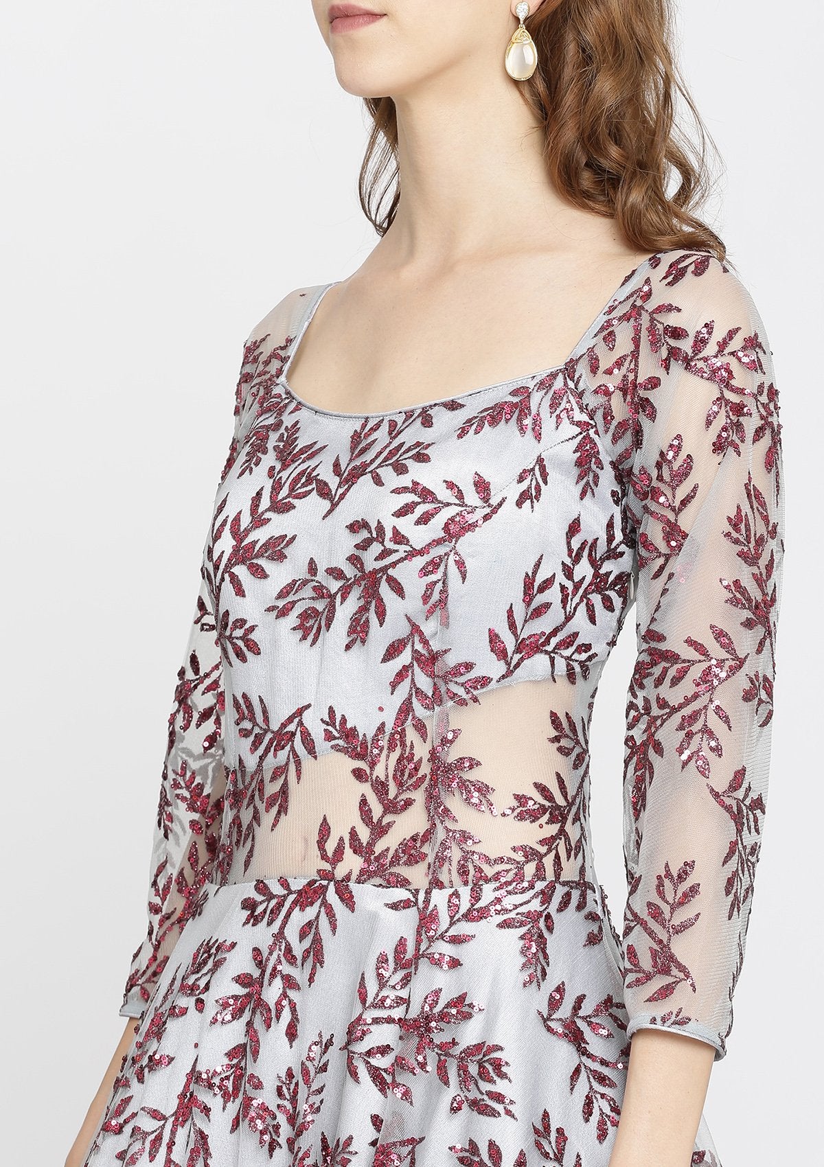 Light Grey Sequins Net Designer Gown-Koskii
