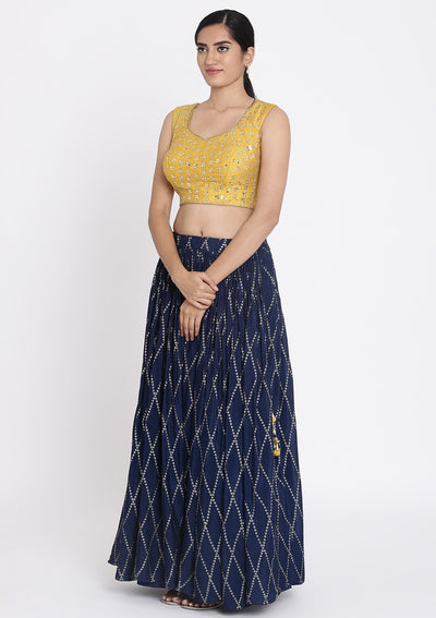 Navy Blue And Yellow Mirrorwork Satin Designer Lehenga - koskii