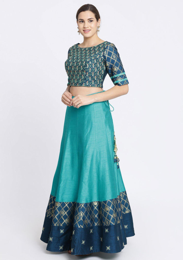Turquoise Blue Zardosi Rawsilk Designer Lehenga-Koskii