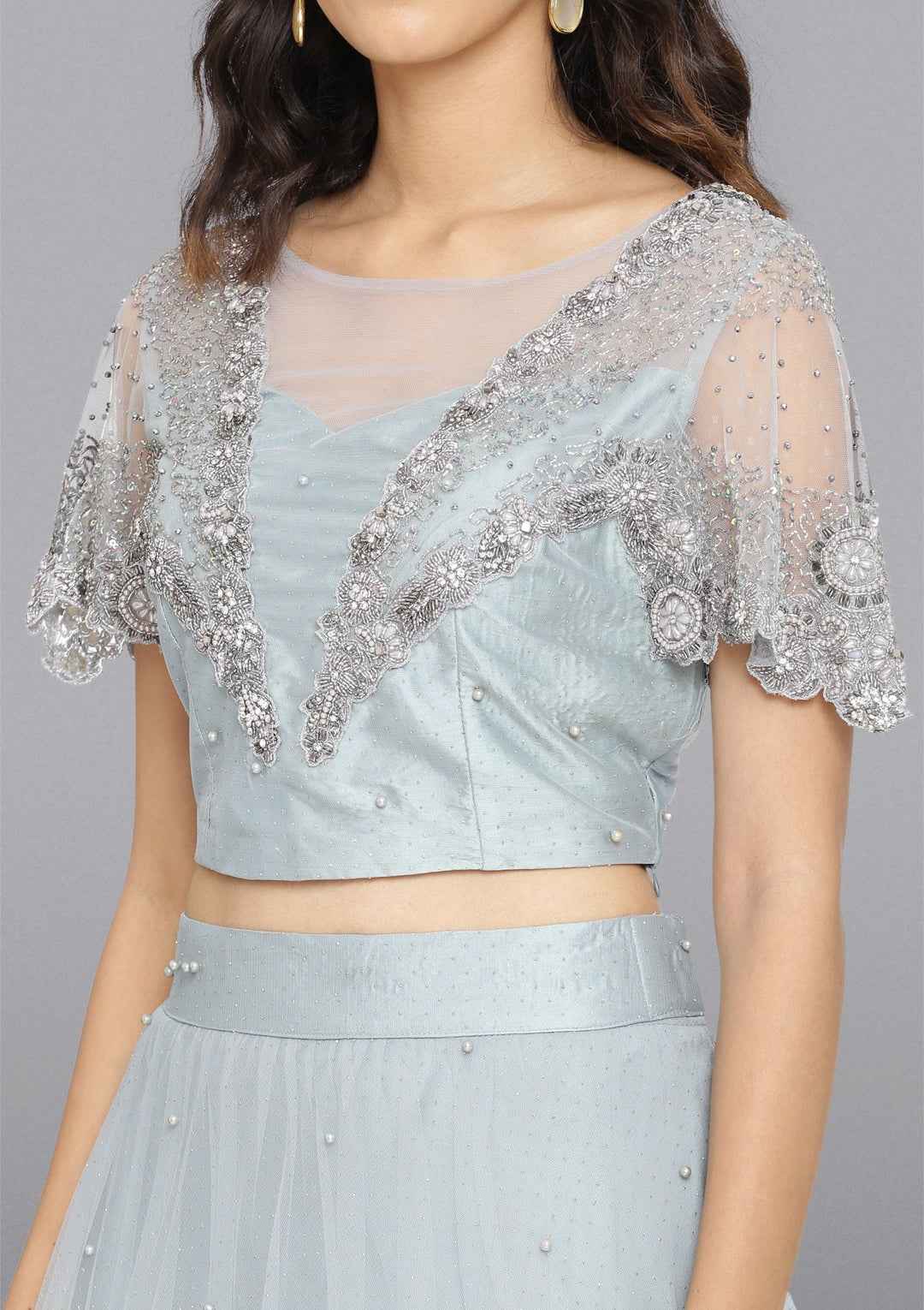 Light Grey Cutdana Net Designer Lehenga-Koskii