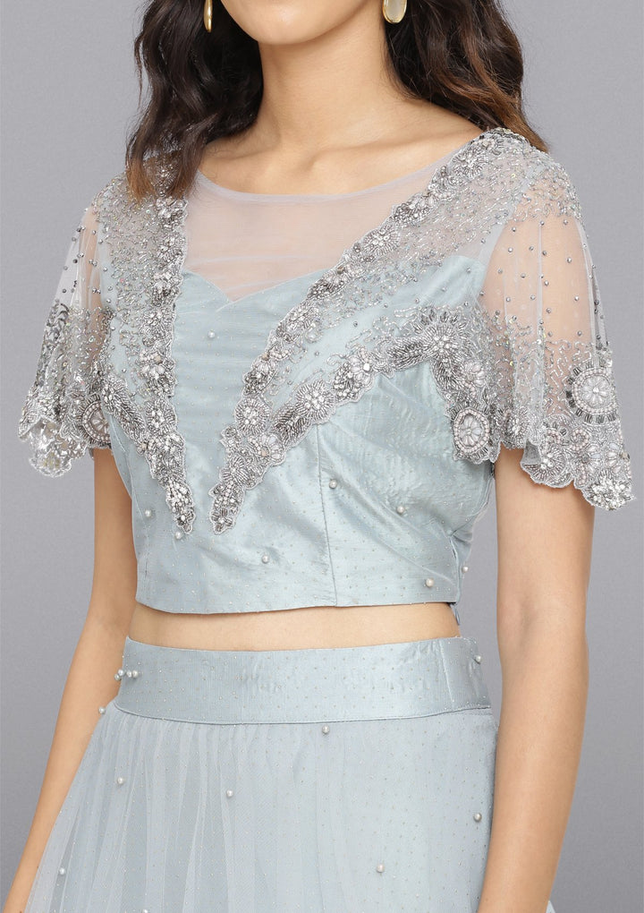 Light Grey Cutdana Net Designer Lehenga-Koskii