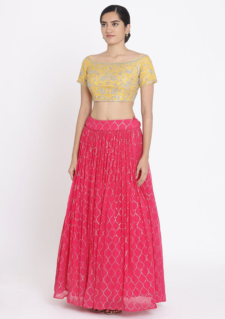 Rani Pink And Yellow Gotapatti Georgette Designer Lehenga - koskii