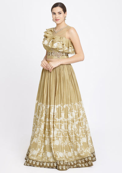 Beige Printed Satin Designer Lehenga-Koskii