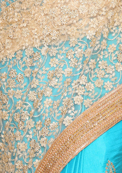Blue Raw Silk and Net Half and Half Saree-Koskii