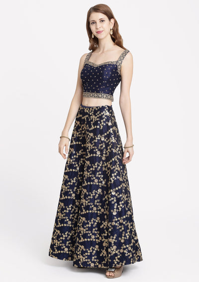 Navy Blue Stonework Rawsilk Designer Lehenga-Koskii