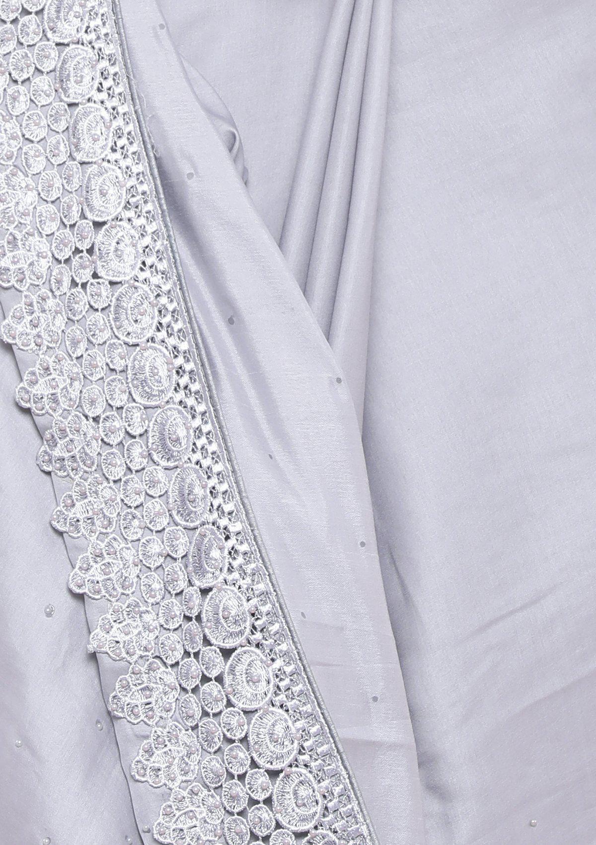Metallic Grey Pearl and Lace Designer Saree-Koskii