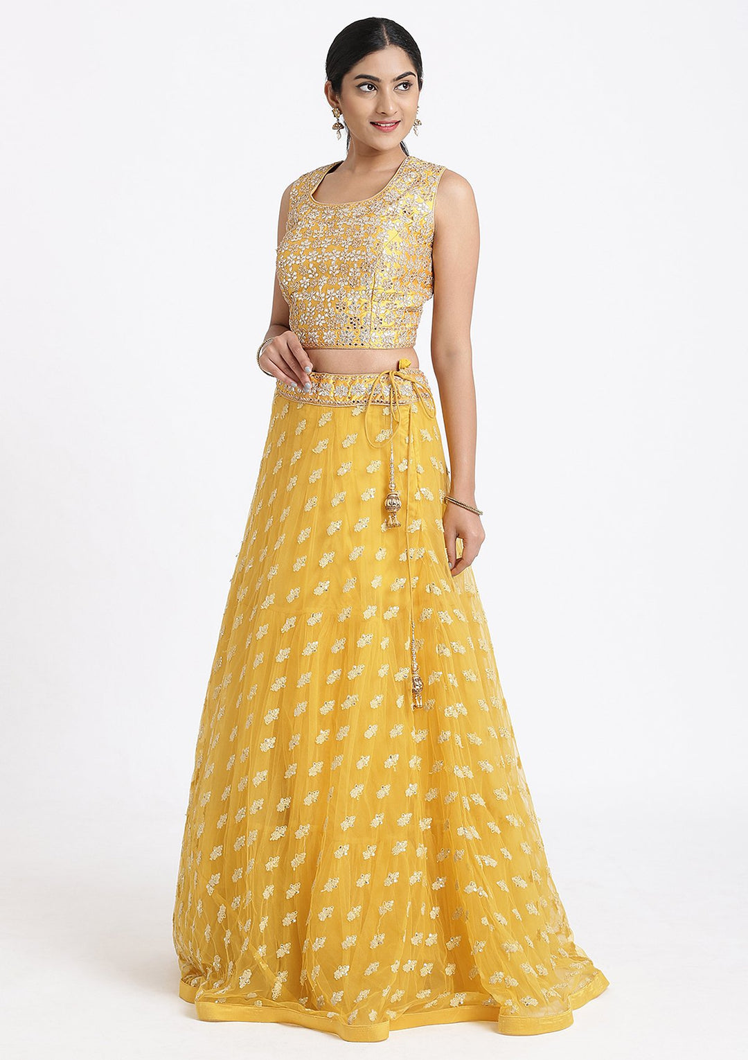 Yellow Gota Patti Net Designer Lehenga-Koskii