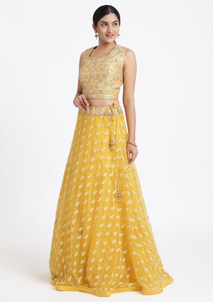 Yellow Gota Patti Net Designer Lehenga-Koskii