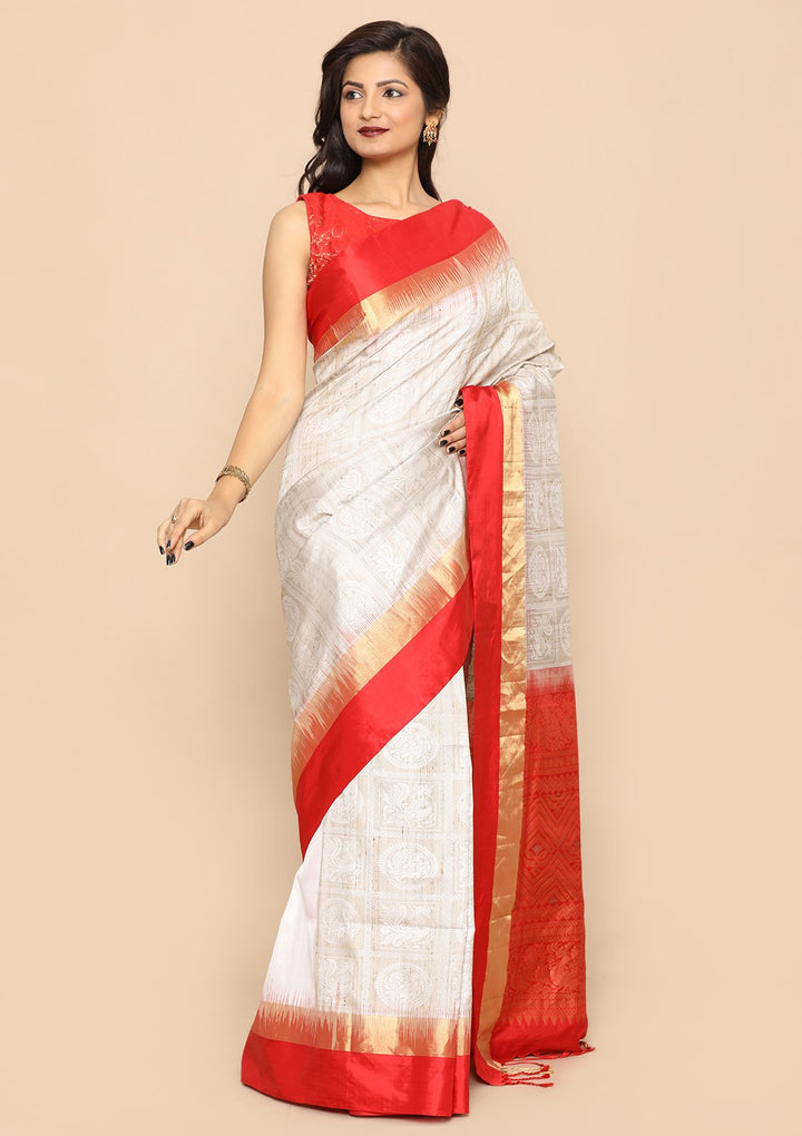 Red and White Pure Handwoven Saree-Koskii