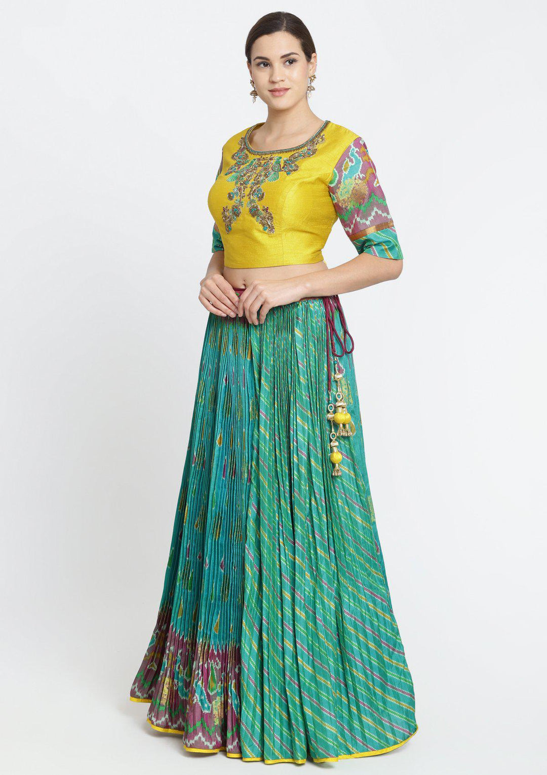 Blue Green Zardosi Rawsilk Designer Lehenga-Koskii