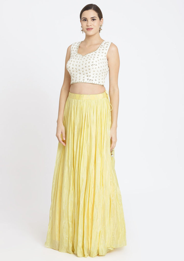 Yellow and Off-White Mirrorwork Satin Designer Lehenga-Koskii