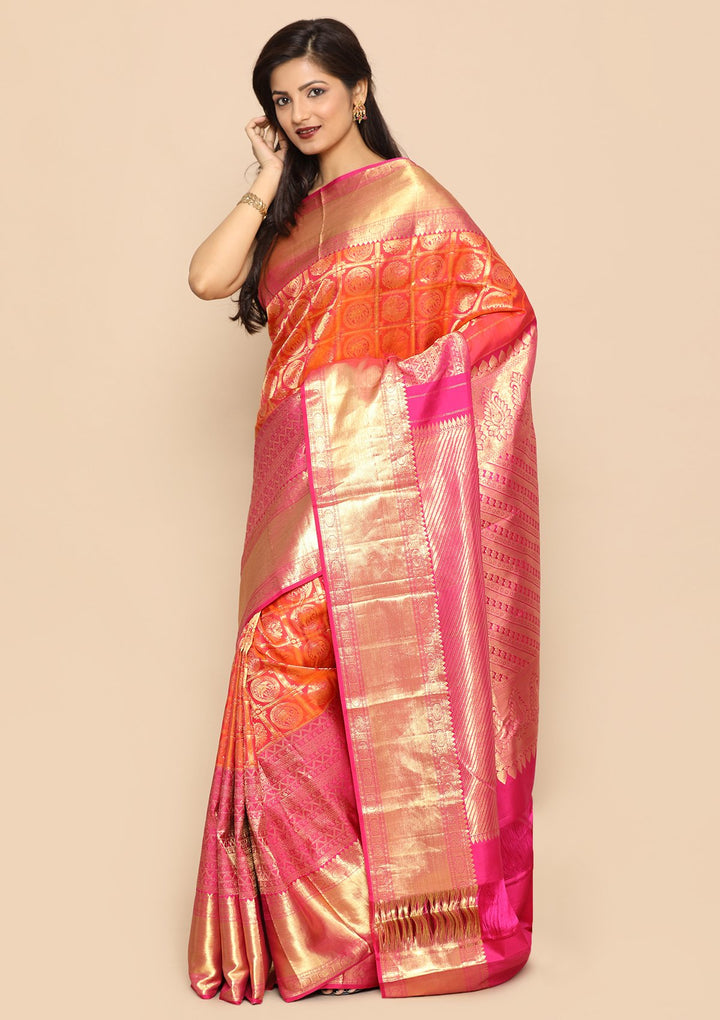 Orange and Pink Colorshot Handmade Saree-Koskii