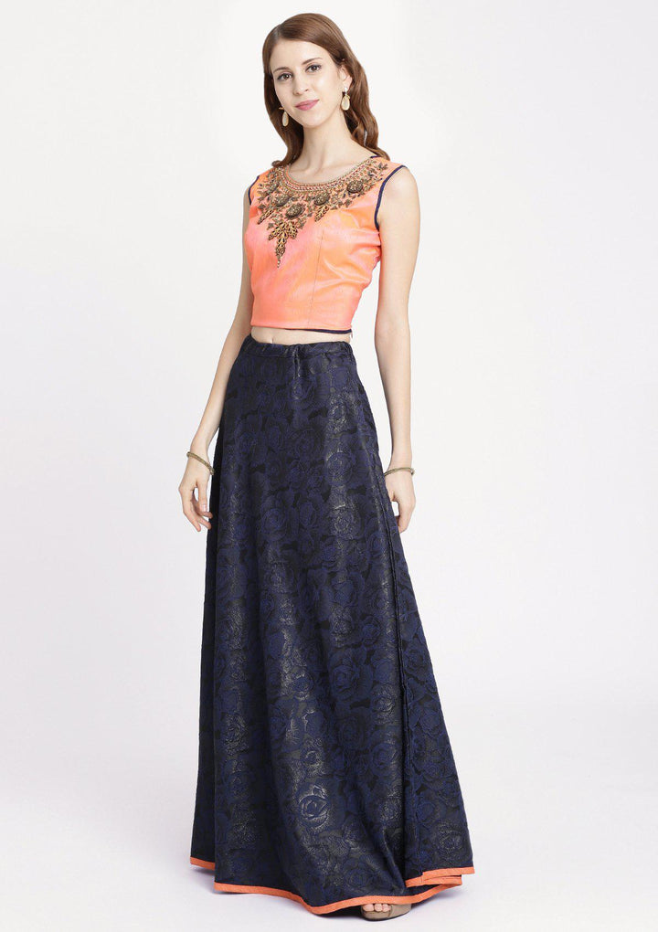 Navy Blue Pearlwork Rawsilk Designer Lehenga-Koskii