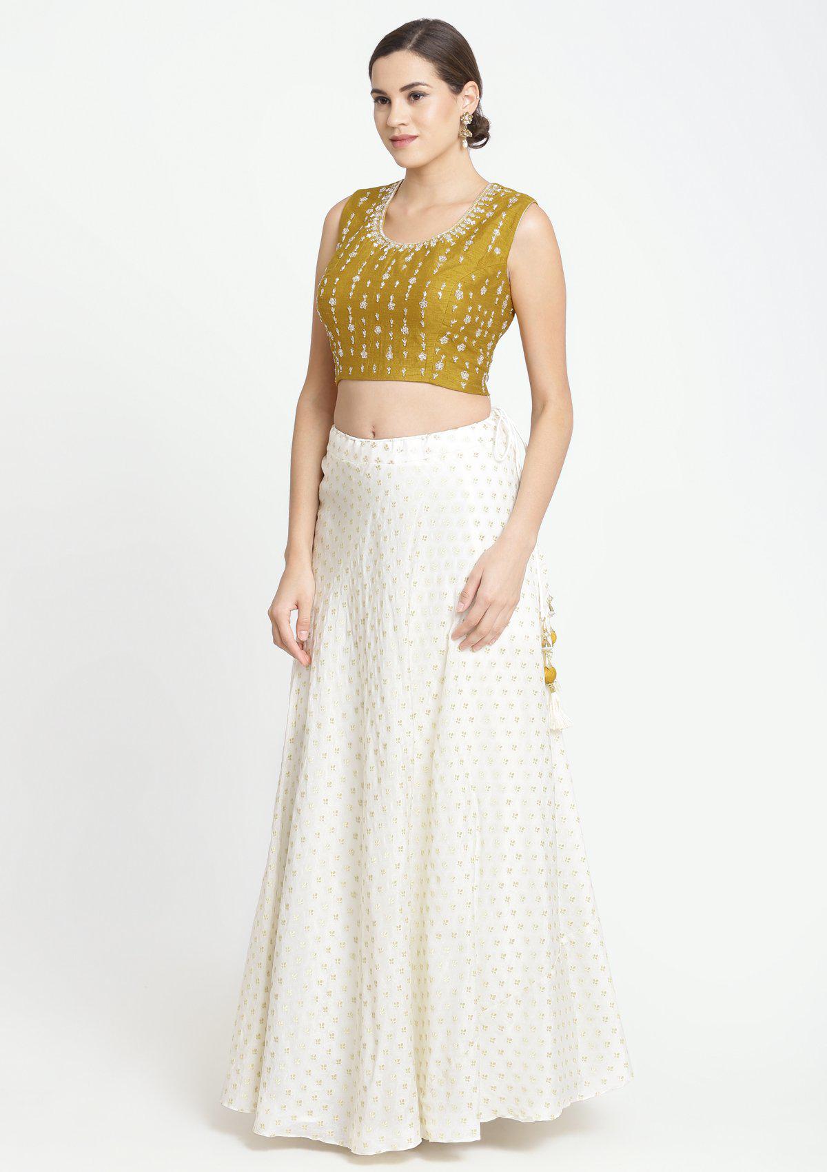 Mustard and Cream Zardozi Chanderi Designer Lehenga-Koskii