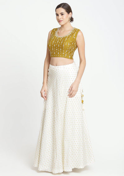 Mustard and Cream Zardozi Chanderi Designer Lehenga-Koskii