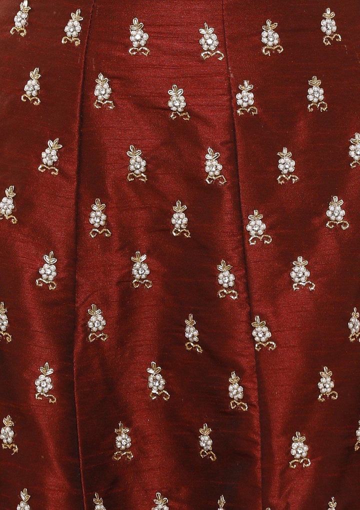 KOSKII rawsilk maroon and pink bridal lehenga-Koskii