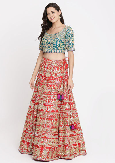 Red Gota Patti Raw Silk Designer Lehenga-Koskii