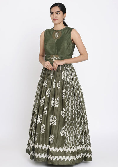 Mehendi Printed Art Silk Designer Gown - koskii