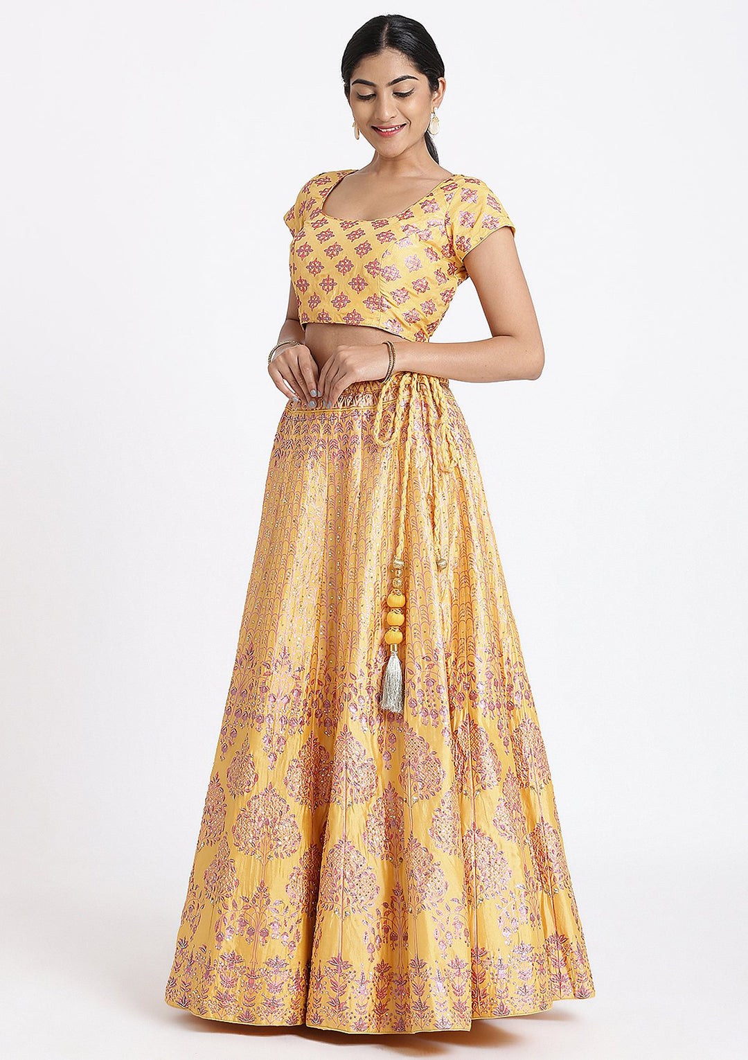 Yellow Sequinned Raw Silk Designer Lehenga-Koskii