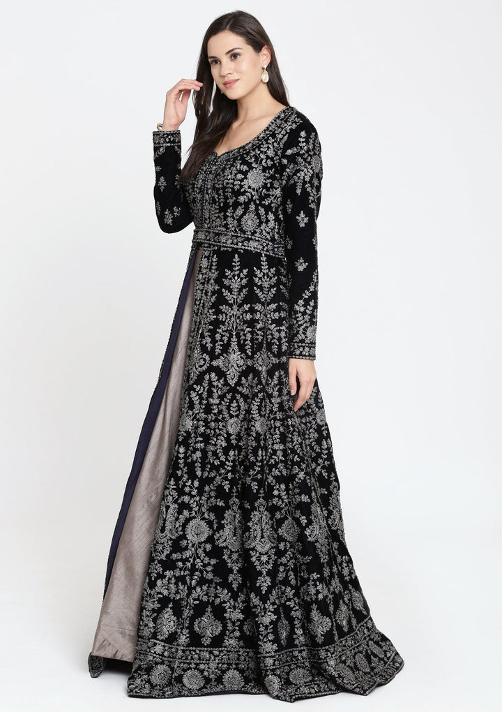 Navy Blue Zari Work Velvet Designer Lehenga-Koskii