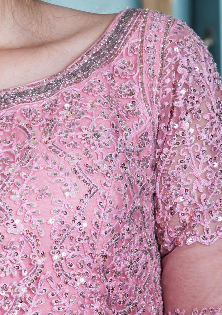 Pink Thread Work Net Designer Lehenga-Koskii