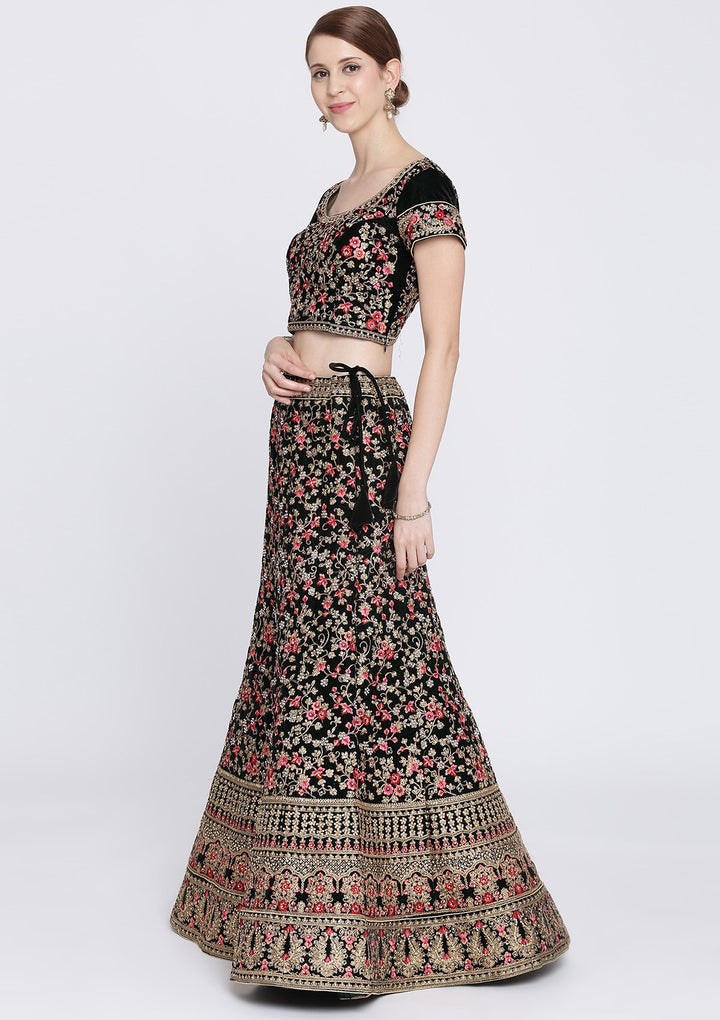 Bottle Green Stonework Velvet Designer Lehenga-Koskii