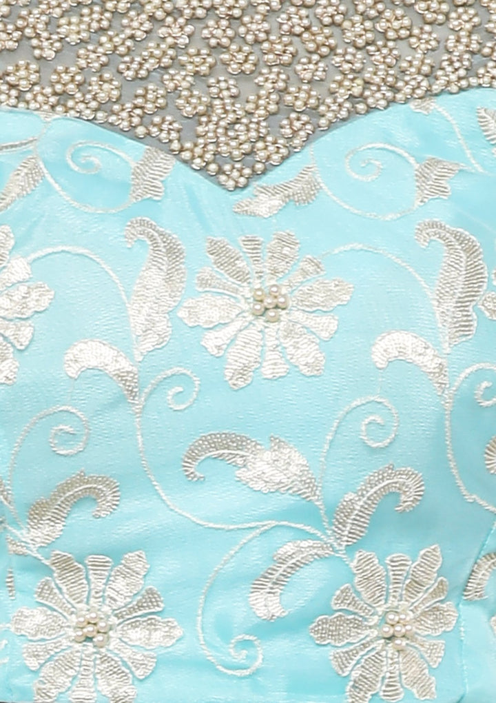 Light Blue Floral Thread Work Designer Lehenga-Koskii