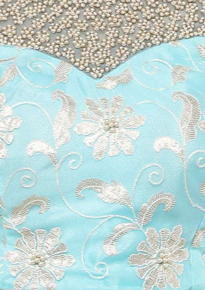 Light Blue Floral Thread Work Designer Lehenga-Koskii