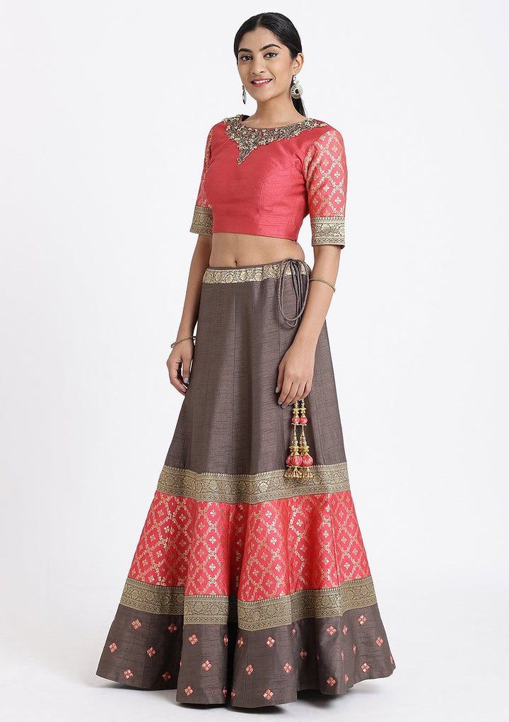 Grey and Pink Pearlwork Raw Silk Designer Lehenga-Koskii