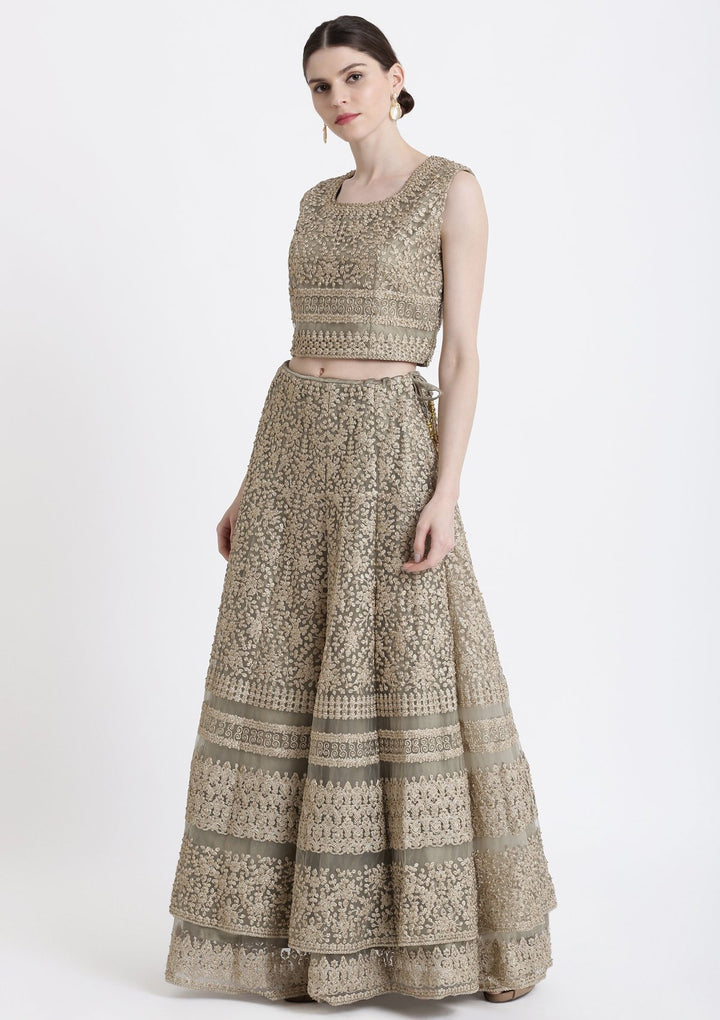 Pista Green Zariwork Net Designer Lehenga-Koskii