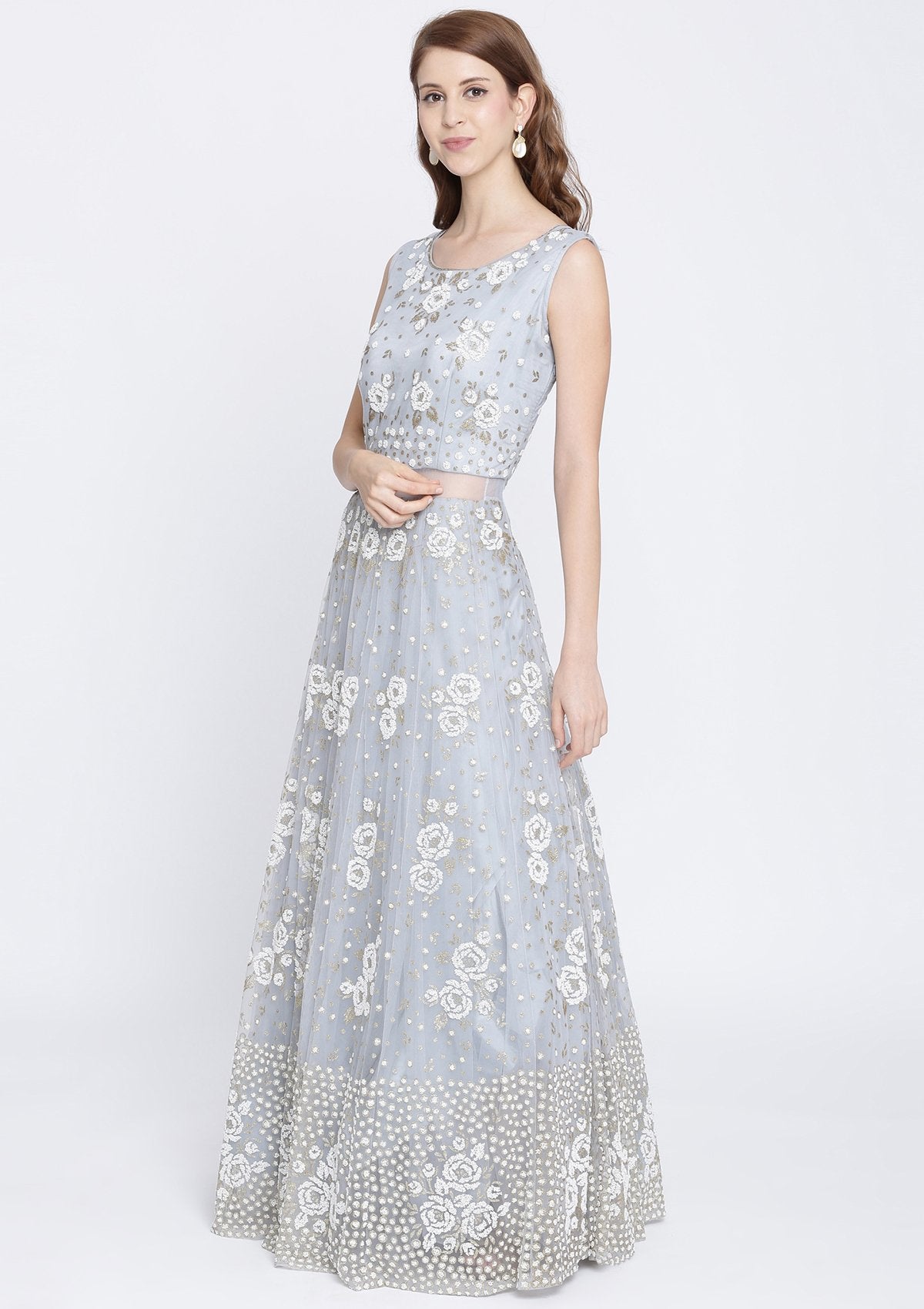 Light Grey Cutdana Net Designer Gown-Koskii