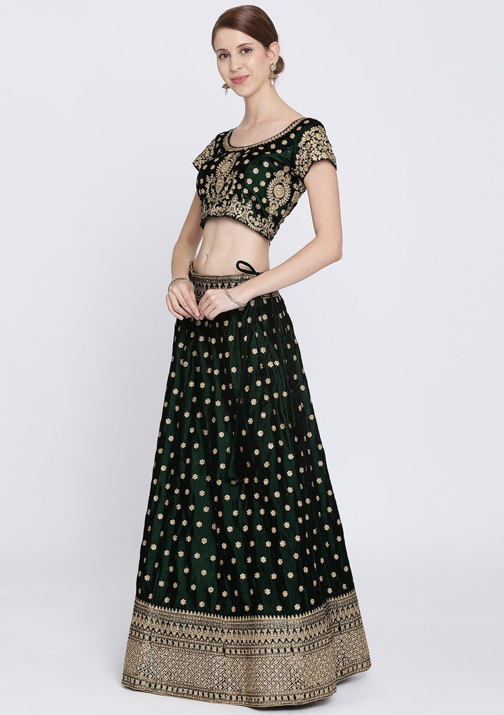 Bottle Green Zariwork Velvet Designer Lehenga-Koskii