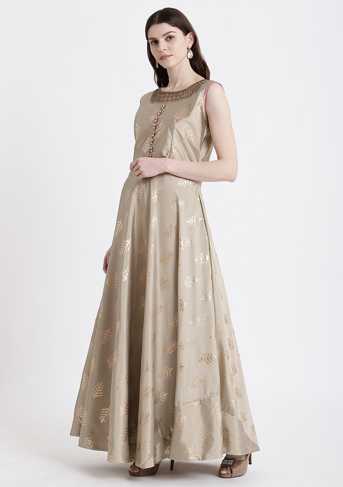 Light Brown Stonework Rawsilk Designer Gown-Koskii