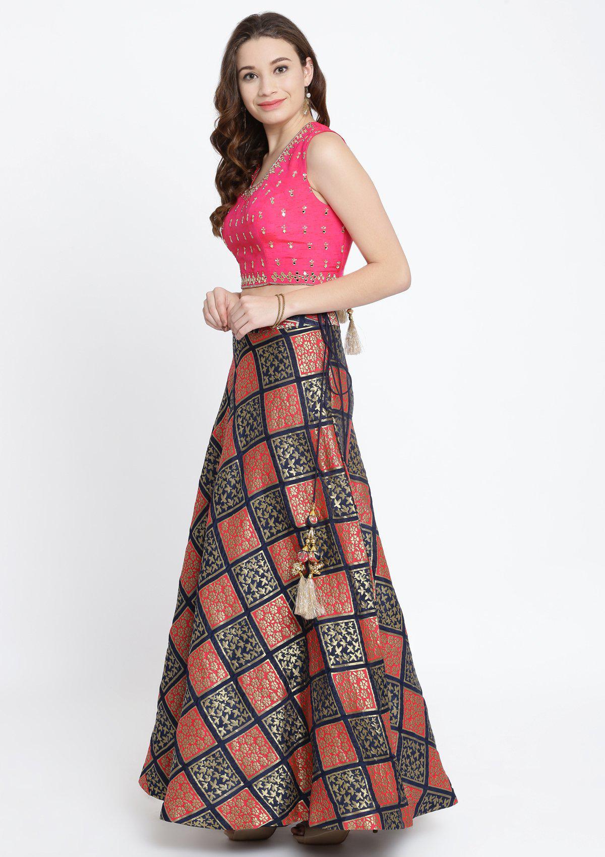 Navy Blue and Fuschia Mirrorwork Brocade Designer Lehenga-Koskii