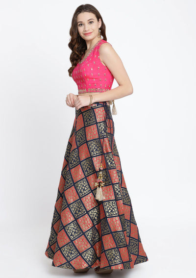Navy Blue and Fuschia Mirrorwork Brocade Designer Lehenga-Koskii
