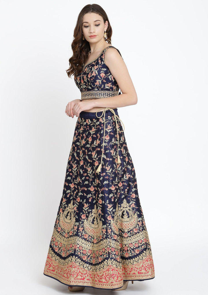 Navy Blue Gotapatti Rawsilk Designer Lehenga-Koskii