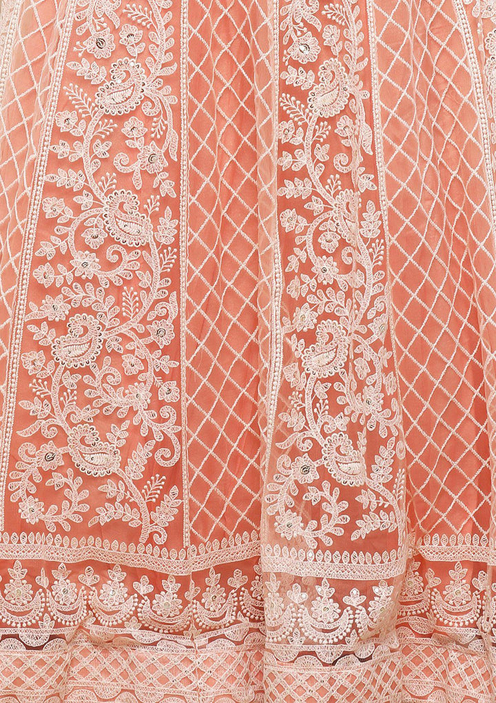 Peach Thread Work Net Designer Lehenga-Koskii